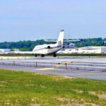 A business jet on the runway at Teterboro Airport.