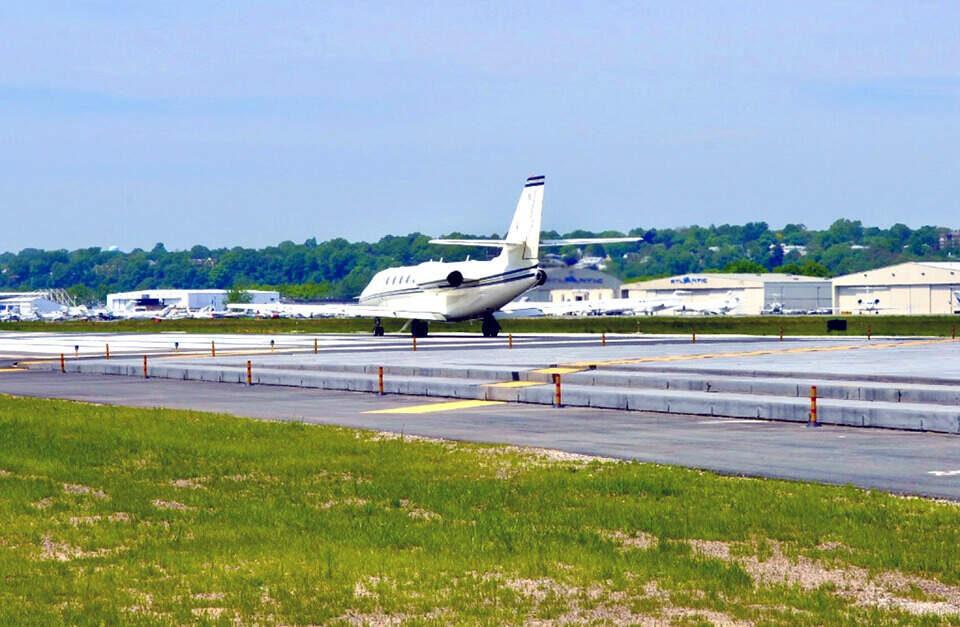 A business jet on the runway at Teterboro Airport.