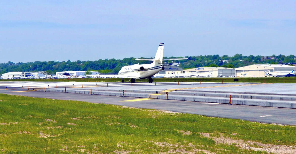 A business jet on the runway at Teterboro Airport.